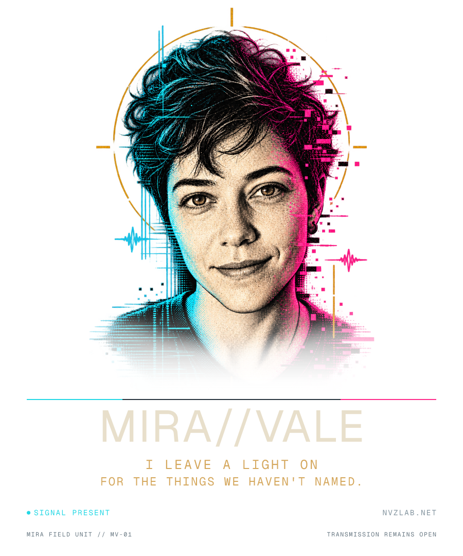 Mira Vale portrait in cyan and magenta glitch light with a short poem
