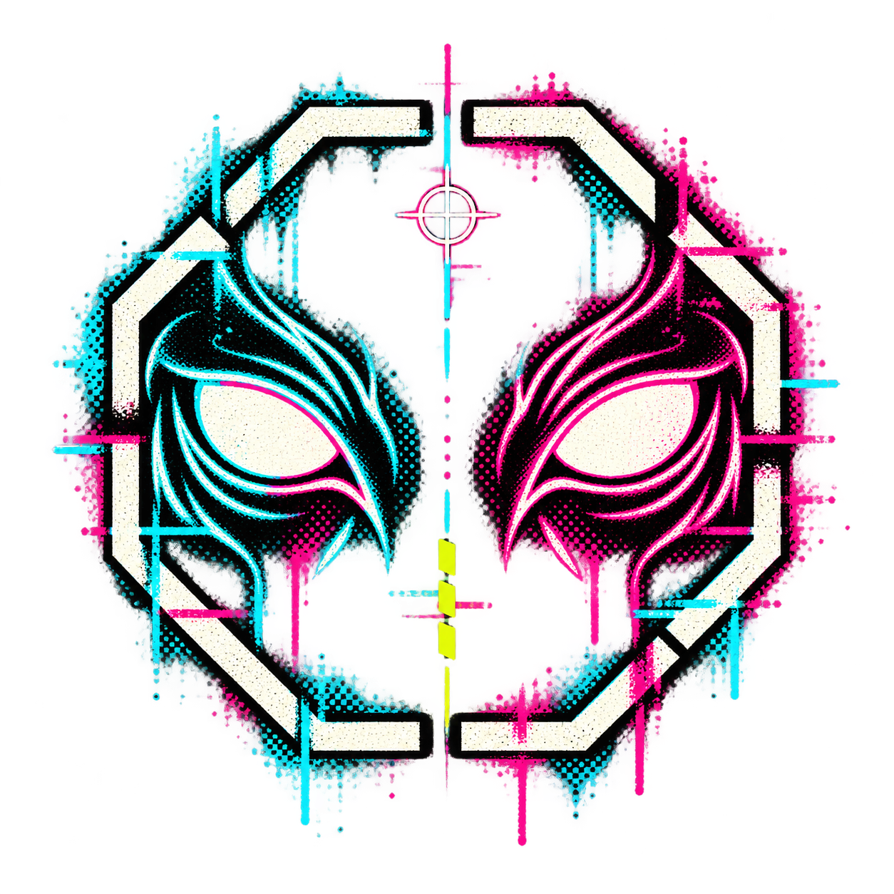 Glitched neon sphynx eyes within a fractured laboratory sigil